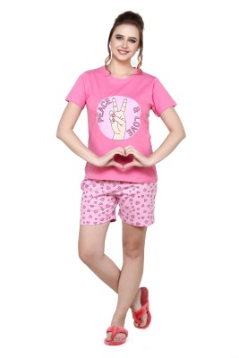 Evolove Women Printed Pink Top & Shorts Set