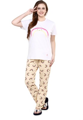 Evolove Women Printed Beige Top & Pyjama Set