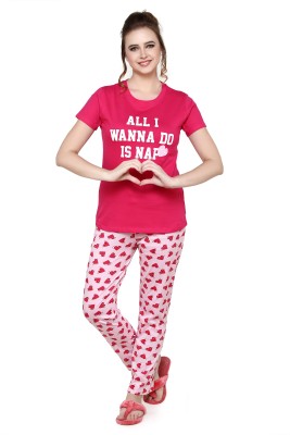 Evolove Women Printed Pink Top & Pyjama Set