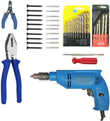 Inditools 10MM Electric drill machine 450W Plier 10+10 Screw 2 in 1 13pc hss 5pc masonry Power & Hand Tool Kit(7 Tools)