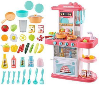 Om Enterprise 38 Pcs Kitchen Play set With Light Sound Effect Pretend Kids Play Toy Cooking Set Like a Real Kitchen Refrigerator and oven doors open & close