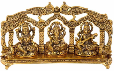 Gokulshoppe Laxmi Ganesh Saraswati idol- Decorative Laxmi Ganesh Saraswati With Peacock Design Murti Decorative Showpiece  -  15 cm(Brass, Gold)