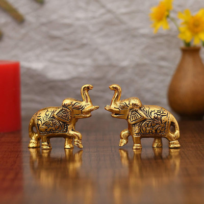 Chhariya Crafts Metal Elephant Pair Set Of 2 For Home And Office Decorative Showpiece  -  6.5 cm(Metal, Gold)