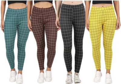 Just Live Fashion Checkered Women Yellow, Light Green Tights