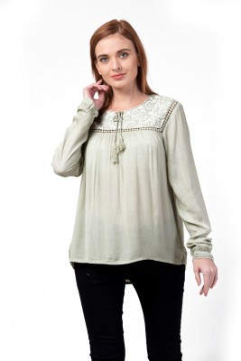 Stylimo Casual Regular Sleeve Solid, Embroidered, Self Design Women Green Top