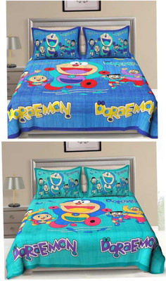 Namokar Cotton King Flat 144 TC Cartoon Bedsheet(Pack of 2, Blue, Green)
