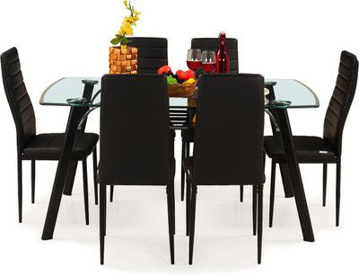 RoyalOak Milan Italian Glass 6 Seater Dining Set(Finish Color - Black)