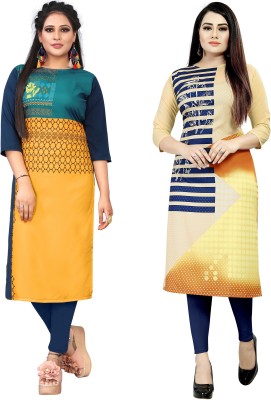 tanvi creation Women Printed Straight Kurta(Dark Blue, Orange, Beige, Yellow)