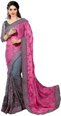 Gymfy Embroidered Bollywood Net Saree(Pink)