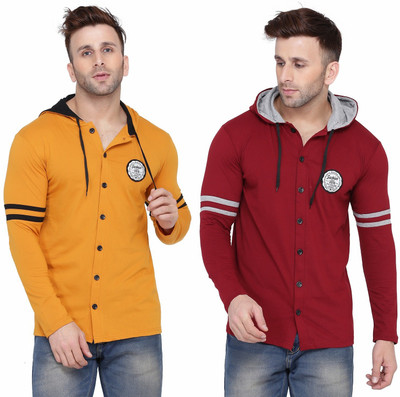Money Leaf Men Self Design, Solid Casual Multicolor Shirt(Pack of 2)