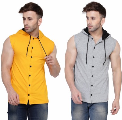 Money Leaf Men Self Design, Solid Casual Grey, Yellow Shirt(Pack of 2)