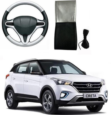 ARNEJA Hand Stiched Steering Cover For Hyundai Creta(Silver, Black, Leatherite)