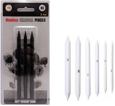 Definite Natural Charcoal Woodless Charcoal Pencil Hard Medium Soft and White Paper Stumps Blender or Tortillon for Students Professionals Artists Pencil (Black, White) Stick(Pack of 9)
