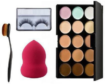 nnbb oncealer contouring highlighter makeup base combo with eyelashes and oval brush foundation applying puff pack of 4 (4 Items in the set)(4 Items in the set)