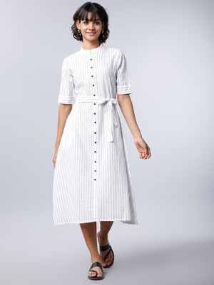 Vishudh Women Fit and Flare White Midi/Calf Length Dress