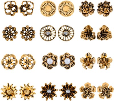 SILVER SHINE Party Wear Golden Studs Earring Girl Women Set of 12 Alloy Stud Earring