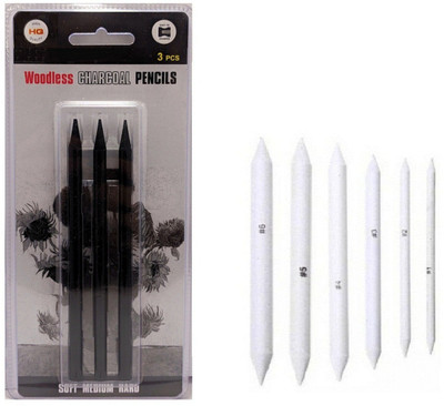 Definite Woodless Charcoal Pencil Hard Medium Soft (Pack of 3) and White Paper Art Blending Stumps or Tortillon (Pack of 6) for Students Professionals Artists Pencil (Black, White) Pencil(Pack of 9)