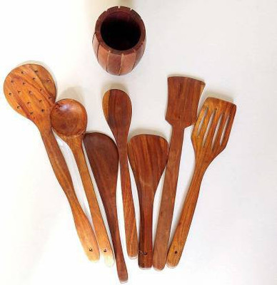 Smarts collection Wooden Serving Spoon, Multipurpose Serving and Cooking Spoon Set for Non-Stick Spoon for Cooking, Blanding Non Stick Spatulas, Ladles Mixing and Turning Wooden Spoon Set of 7 with 1 Jar Wooden Spoon Serving Set Multipurpose Serving and Cooking Spoon Set for Non-Stick Spoon for Cook