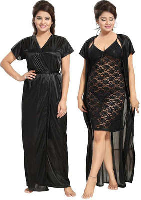 Delight Women Nighty with Robe(Black)
