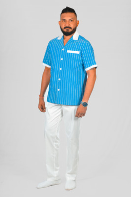 Ideal Men Striped Blue, White Shirt & Pyjama set