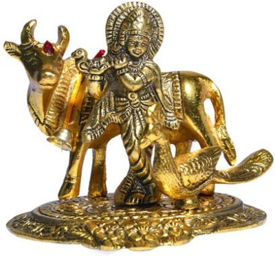 NIRMAL HANDI CRAFT Lord Krishna playing Flute with Golden Cow Decorative Showpiece Decorative Showpiece  -  15.24 cm(Metal, Gold)