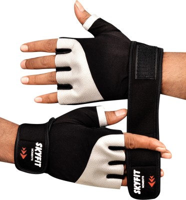 SKYFIT Super Leather padded Wrist support Gym gloves Gym & Fitness Gloves(Black, Silver)