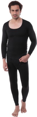 U-Light Men Deep Neck Full Sleeves Vest and Trouser Warmy Set Black Men Top - Pyjama Set Thermal