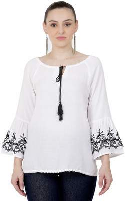 SAAKAA Casual Bell Sleeve Embroidered Women White Top