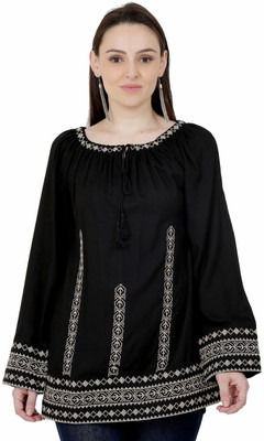 SAAKAA Casual 3/4 Sleeve Embroidered Women Black Top
