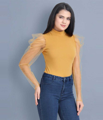 Absorbing Casual Puff Sleeve Solid Women Yellow Top