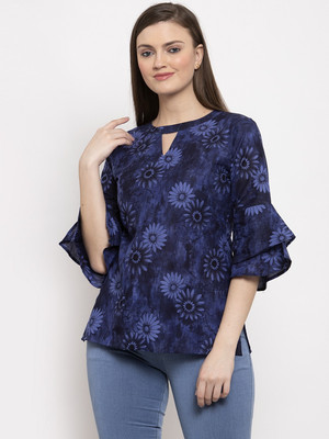 indibelle Casual Bell Sleeve Floral Print Women Blue Top