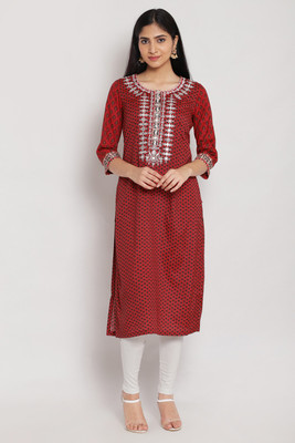 BIBA Women Printed Straight Kurta(Brown)