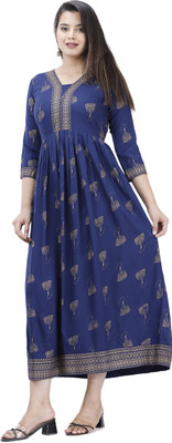 Glowworld Women Printed Flared Kurta(Blue)