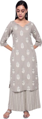 NYPA Women Printed Straight Kurta(Grey)