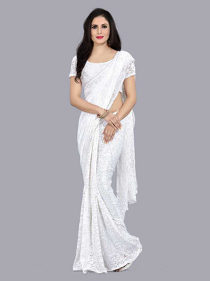 UNICK Self Design Bollywood Net Saree(White)