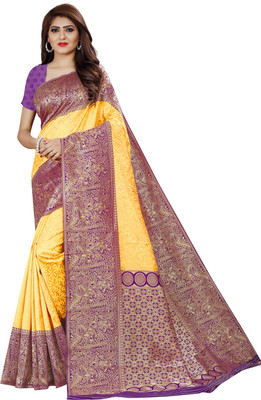 Adirotz Woven Banarasi Jacquard Saree(Purple, Yellow)