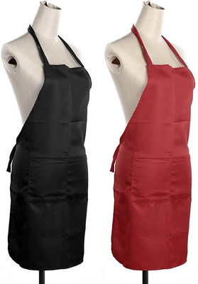 DCT Polyester Chef's Apron - Free Size(Black, Red, Pack of 2)