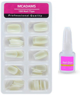 McAdams Acrylic Artificial Shinning Fake Nails With Nail Glue Off White OFF WHITE(Pack of 100)