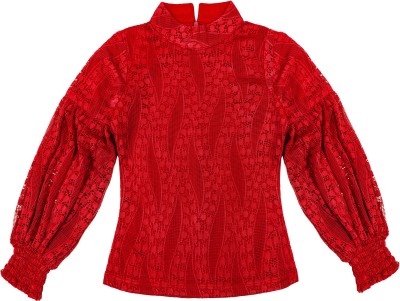 HUNNY BUNNY Girls Casual Lace Fashion Sleeve Top(Red, Pack of 1)