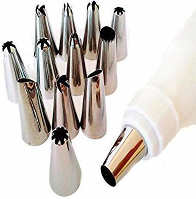 ARNIYAVALA 12 Piece Cake Decorating Set Frosting Icing Piping Bag Tips With Steel Nozzles. Reusable & Washable Steel Round Icing Nozzle(Silver Pack of 1)