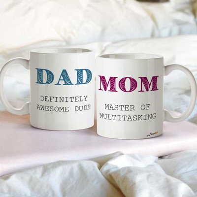 FirseBUY Mom and Dad Meaning Definitely Awesome Dude and Master of Multitasking Printed Ceramic Coffee Mug(325 ml, Pack of 2)