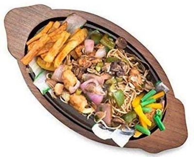 Eco Handicrafts Wooden Sizzler Plate with iron Oval Base with Dish/ Sizzler plate for kitchen and tableware (13 x 7 inches, Brown) Sizzler Tray (Sizzler Tray) Sizzler Tray