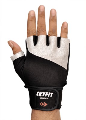 SKYFIT Super comfortable Lycra And Leather Padded Gym Sports Gloves Gym & Fitness Gloves(Black, Silver)