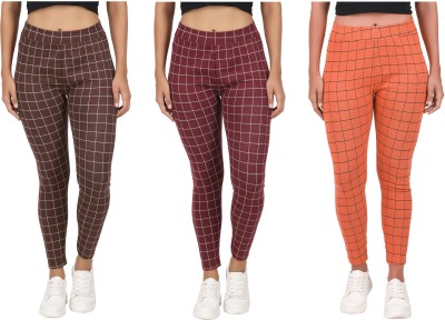 Just Live Fashion Checkered Women Orange, Brown Tights