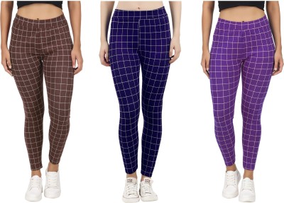 Just Live Fashion Checkered Women Purple, Brown Tights