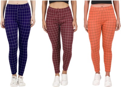 Just Live Fashion Checkered Women Orange, Dark Blue Tights