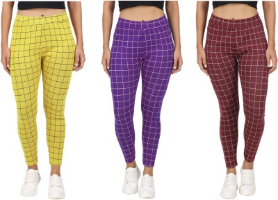 Just Live Fashion Checkered Women Maroon, Yellow Tights