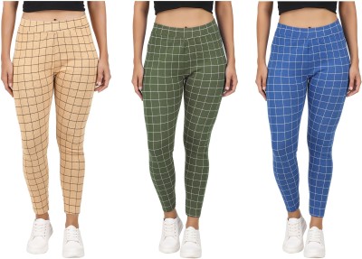 Just Live Fashion Checkered Women Blue, Beige Tights