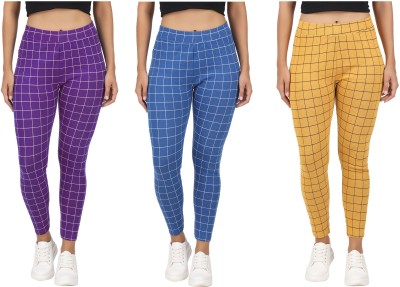 Just Live Fashion Checkered Women Gold, Purple Tights