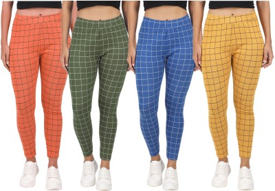 Just Live Fashion Checkered Women Orange, Green, Blue, Yellow Tights